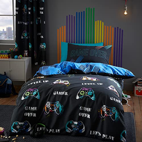 Catherine Lansfield Game Over - Juego de Funda de edredón Reversible con Fundas de Almohada, Color Negro