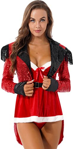 dPois Damen Zirkus Kostüm Glitzer Frack Jacke Mantel Smoking Anzug Gehrock Erwachsene Zirkusdirektorin Cosplay Outfit Halloween Karneval Kostüm Rot XXL
