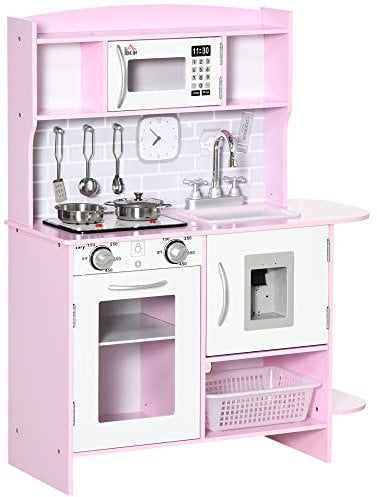 HOMCOM Cocina de Juguete de Madera para Niños de +3 Años Cocinita de Juguete con Luz Sonidos Fregadero Grifo con Agua Placa de Cocina Dispensador de Agua y Horno 70x29x90 cm Rosa