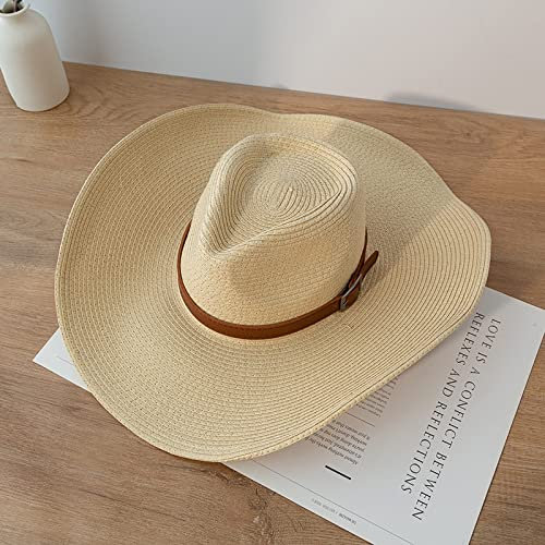 JOELEW Cowboy Hut Naturpapier Western Cowboyhut 13Cm Große Breite Krempe Damen Herren Sommer Strand Strohhüte Panama Cowgirl Jazz Sun Caps,Beige,58Cm