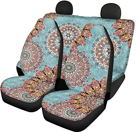 Kuiaobaty Autositzbezüge, Boho-Mandala-Blumenmuster, türkis, ethnische Vordersitzbezüge mit geteilter Rücksitzbank