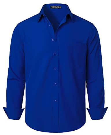 PARKLEES Men's Regular Fit Dress Shirt Solid Wrinkle-Free Long Sleeve Casual Business Button Up Shirts with Pocket PZSSCL05-Royal Blue L