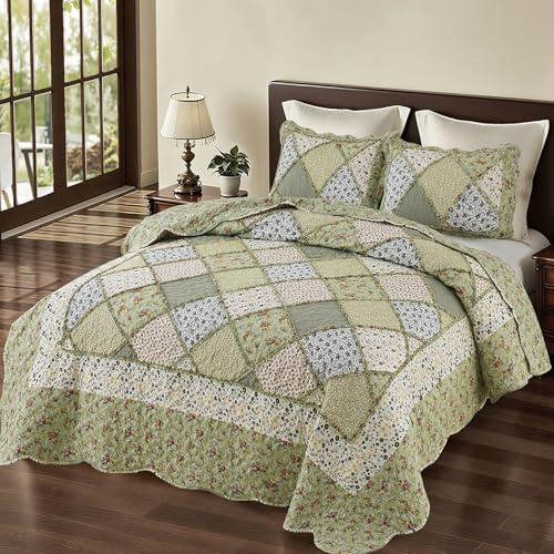 Patchwork-Steppdecken-Set für King-Size-Bett, Blumenmuster, wendbar, gesteppt, 3-teilig, leicht, genäht, Bettbezug, Decke mit 2 Kissenbezügen, für alle Jahreszeiten