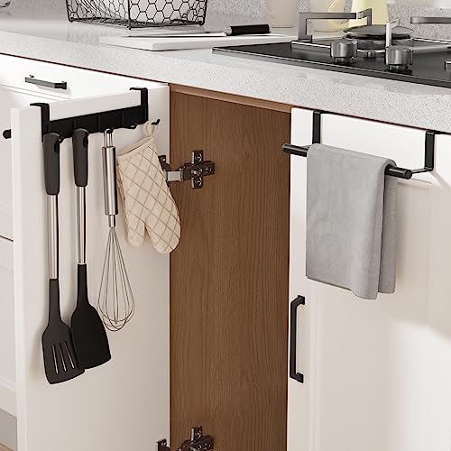 KES Towel Rail Over Cabinet Door Towel Holder with Hooks, Kitchen Tea Towel Rail for Cupboard Drawer No Drilling Matte Black 2 Pack, KUR527-BK-P2