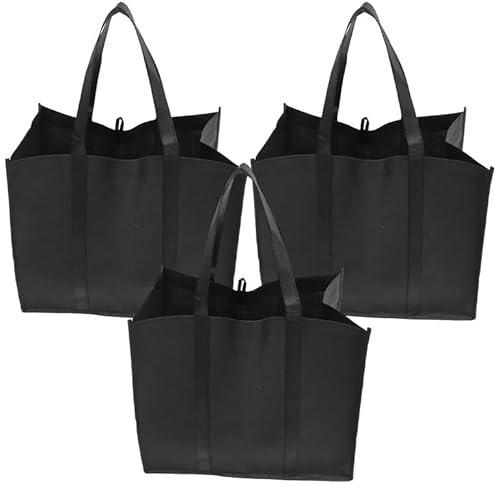 3 Pack Black Reusable Grocery Bags Shopping Bag Tote Bag with Handles Foldable Washable Stands Upright Reinforced Bag with Handles And Small Hook-Hold 44+lbs(20 KG) Extra Large & Durable(17”x 10”x15”)