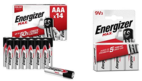 Energizer AAA Batteries, Max, 14 Pack, Triple A Battery Pack - Amazon Exclusive & 9V Batteries, Max Alkaline Power, 3 Pack