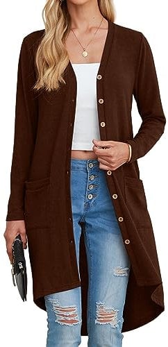 GRECERELLE Women's Long Lightweight Cardigan Long Sleeve Button Down Loose Outwear Cardigans Jacket with Pockets for Ladies UK Coffee-M