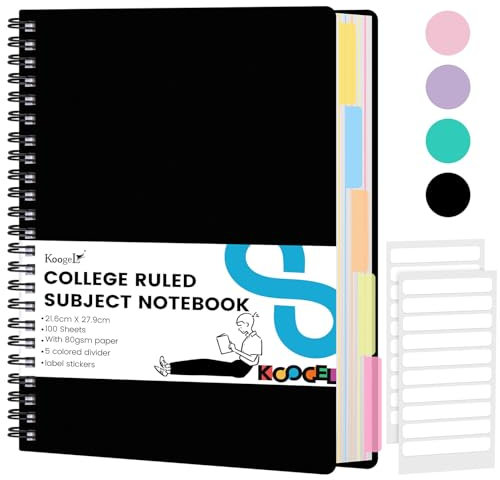 Koogel Hardcover Spiralnotizbuch mit Tabs, A4 Journals mit Deviders 5 Fächer Projekt Spiralnotizbuch Perforierte Kanten für Schule Büro Schwarz
