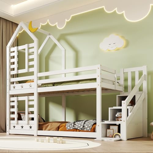 Dolamaní Hochbett für Kinder 90 x 200 cm, Kinderbett Baumhaus mit Fenster, Schublade &Treppe, – 2X Lattenrost- Weiß (Fenster + Treppe)