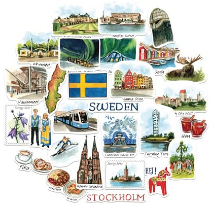 Navy Peony Stilvolle Schweden Reiseaufkleber (28 Stück) - Aquarell, Skandinavien, Schweden-Themen Urlaubsaufkleber für Journale, Scrapbooks, Gepäck, Tumbler