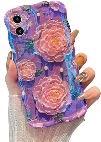 XIZYO Colorful Retro Oil Painting Flower Case for iPhone 12, Curly Wave Frame Laser Glossy Cute Floral Aesthetic Phone Case, for Girls Women Slim Soft TPU Shockproof Phone Cover, Peony/Purple