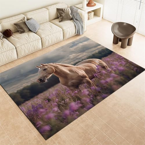 Srigzcaly Kinderzimmer Teppich 80x150cm - Tierische Braune Lila Blume Flanell Kurzflor Teppich für Schlafzimmer, Spielzimmer, Mehrfarbig Weiche rutschfeste Teppich Waschmaschinenfest Teppiche