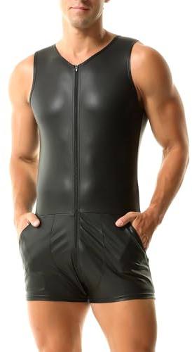 QiaTi Herren ärmellose kurze Hose Leotard Zip Strumpfhose Kunstleder Bodysuit mit 2 Taschen für Männer Club