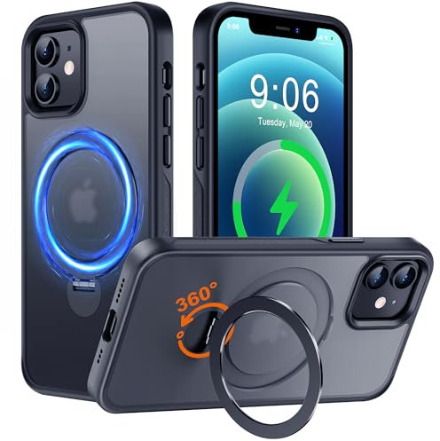 Derwav Multi-in-1 [Magnetic+ Kickstand+ Ring Holder] for iPhone 12/12 Pro Case, Compatible with MagSafe, 360° Rotatable Stand with Military Shockproof Silicone Frame Protection Magnetic Cover, Black