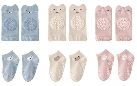 BUOKSLLY 3 Paar Anti Rutsch Socken & 3 Paar Knieschoner Baby, Unisex, Alter 0-24 Monate, Pink, blue, khaki, Cartoon Muster, Baumwolle, Rutschfest, Schtzend, Komfortabel, Ideal als Geschenk