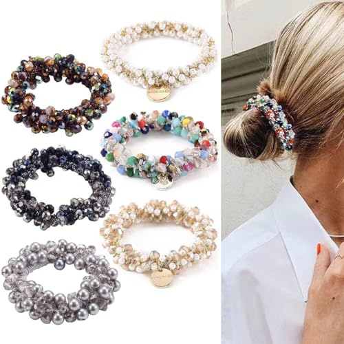 Bangbobi - Set mit 6 Kristall-Scrunchies - Haargummi Damen mit Perlen - Elastischer Haargummi - Haarschmuck für Frauen und Mädchen - Scrunchies Perlen Strass - Für jeden Anlass geeignet