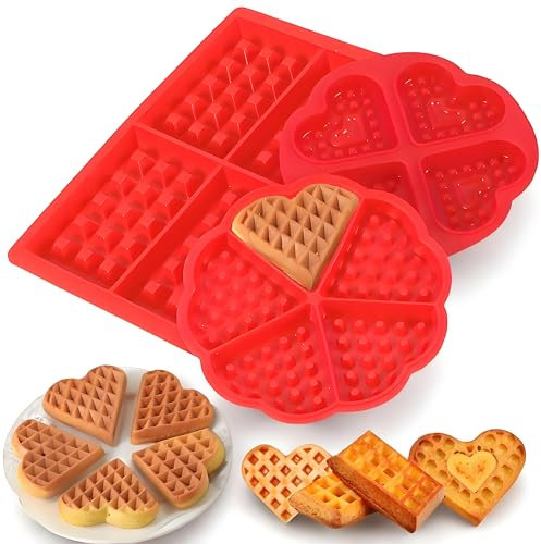 Gasusen - Set di 3 stampi per waffle, in silicone, rettangolari e a forma di cuore, grandi stampi per waffle fai da te, torte, caramelle, cioccolato
