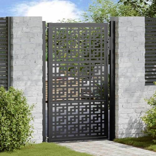 Homgoday Garden Gate, Steel Cross Design 105x155 cm, Black Metal Heavy Duty Frame with Latch, Full Privacy Safety Outdoor Gate for Garden Fence