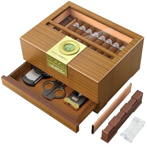 TISFA Cigar Box Handcrafted Humidor with Hygrometer and Humidifier, Cedar Wooden Humidor Case with Drawer, Divider, Cigar Length Gauge, Desktop Humidor Box Gifts Cigar Accessories (Light)