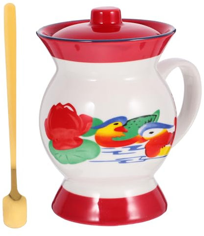 COLLBATH Taza De Cerámica Retro Con Tapa y Cuchara Para Beber Té o Café Para Uso Diario Obsequio De Cumpleaños