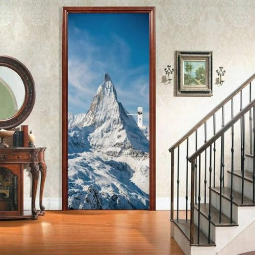 Sticker Porte Autocollant Montagne de Neige 3D Papier Peint Montagne de Neige Poster Porte Auto-Adhésif Imperméable Décoration Mur Art Décor Mural Stickers Muraux 85x200 cm m3348