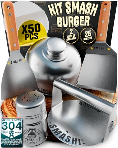 SMASHI Smash Burger Kit Professional 304 Stainless Steel EU Certified Food Contact | Burger Press + 2 Spatulas with Wooden Handle + Accessories | Includes 25 Recipes (Advanced)
