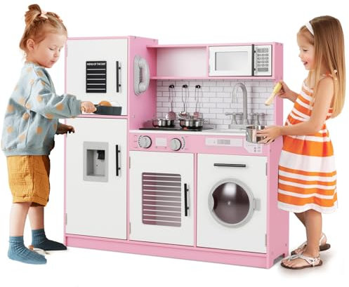 HOMASIS Cucina Giocattolo per Bambini in Legno, Cucinetta per Bambino con Rubinetto, Lavatrice, Forno a Microonde e Fornello a Gas Sonoro e Luminoso, Cucina per Bambini da 3+ Anni (Modello 2, Rosa)