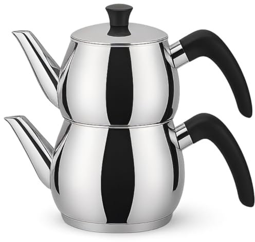Caydanlik Teekanne Edelstahl 2-stöckig – Türkischer Teekocher induktionsgeeignet – mit Teegläsern oder nur Kanne Größe Kanne 2,0L, Farbe Nur Teekanne