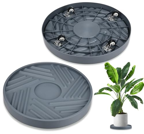 M METERXITY 2PCS Round Planter Caddies, 14 Inches Plastic Plant Roller with Wheel, Plant Saucers for Indoors, Plant Stand for Flower Pots [Gray]