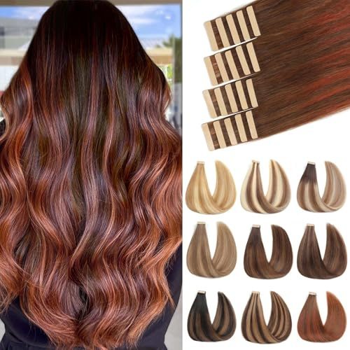 ShowJarlly Tape in Extensions Echthaar 20pcs Tape Extensions Echthaar 45cm Schokoladenbraun mit Dunkelrotbraun Echthaar Extensions Tape Invisible Echthaar Extension Skin Weft Tape 40g(18inch,4/4/33#)