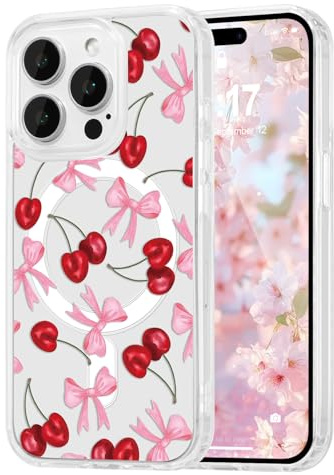DEFBSC Magnetic Case for iPhone 14 Pro Max Cute Clear Bow,Red Cherry | Compatible with Magsafe,Pink Ribbon Bowknot Aesthetic Print Phone Case Slim Shockproof Protective Bumper Cover for Women Girl