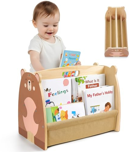 MHJY Bücherregal Kinder, doppelseitiges Holzregal mit robusten Canvas-Taschen, Montessori Stil, tragbar mit Griff, Kinderbuchregal für Kinderzimmer, Spielzimmer & Kindergarten, leicht & langlebig