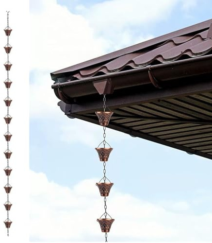 Catene da pioggia per esterni, catena per grondaia da 2,8 m, con 12 tazze a imbuto, catena di ricambio per grondaie, catena raccogli pioggia regolabile con campana per decorazioni da giardino