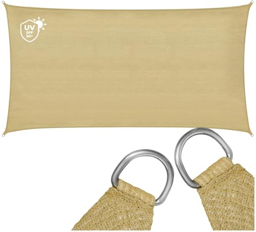 tectake® Sonnensegel, reißfestes HDPE Gewebe, 87% UV Schutz, Sonnenschutz Sichtschutz Balkon, Sichtschutz Garten, für Pergola, Windschutz Terrasse, mit Ösen und Spannseile - rechteckig, Sand, 2 x 4 m