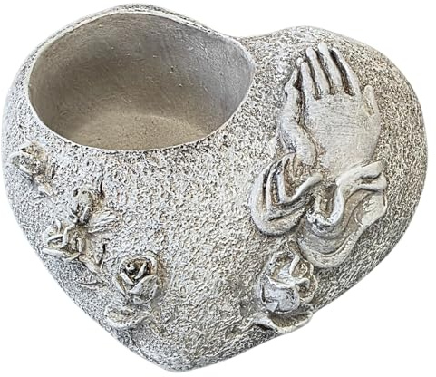 Grablichthalter mit Betenden Händen & Rosen: Grabschmuck Wetterfest, Grabdeko für Grabkerzen & Teelichter, Herz Grabstein Klein Allerheiligen, Friedhof Grab & Urnengrab, Grablichthalter, 13 x 7 x 4 cm