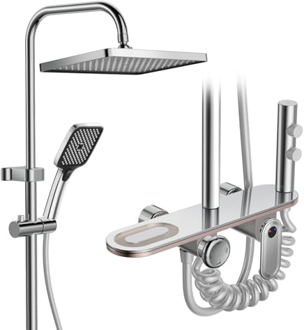 WRMING Duscharmatur Komplettset, Regendusche mit Armatur, Chrom | 30 × 20 cm Kopfbrause, 3-Strahl-Handbrause, Edelstahl Duschsystem mit Ablage, Höhenverstellbar 80–135 cm, unterer Auslauf