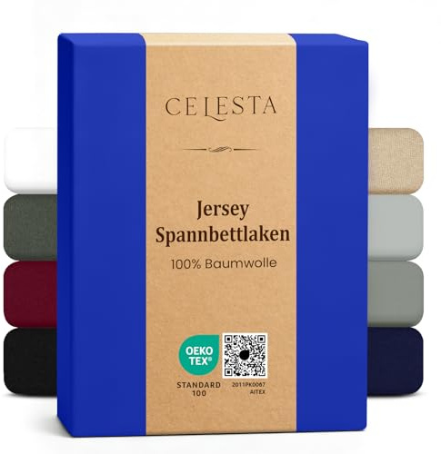 CELESTA Spannbettlaken 200x200cm 100% Baumwolle, Oeko-TEX Zertifiziert | Bettlaken 100% Jersey Baumwolle, Spannbetttuch 200x200, Matratzenhöhe bis 25 cm für Boxspringbett, Dunkelblau