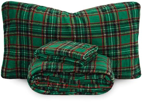 Morbidissimi Set Lenzuola Completo Letto in Pile Coral Tartan con stampa Scozzese, Termico, Morbido, Caldo per Letto Matrimoniale Verde