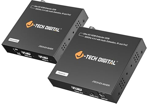 J-Tech Digital 4K HDMI Extender Balun Over Ethernet CAT5/6 Up to 230ft, 4K 60Hz 4:4:4 HDMI Extender Balun with Audio Extraction PoC IR (JTECH-EX-4KAEIR)