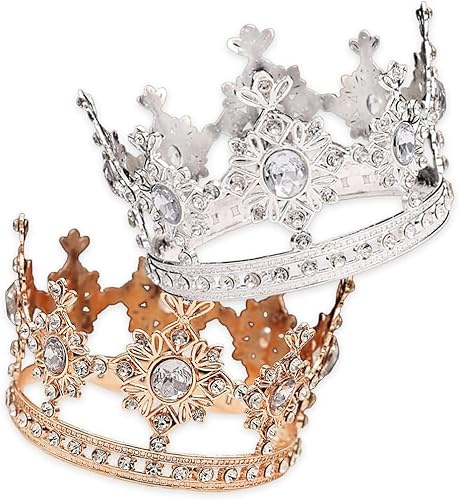CRTLNYH 2PCS Small Rhinestone Crown Cake Topper, Mini Crown Decoration, Rose Gold + Silver, For Birthday Party Wedding Cake Princess Headdress Accessories