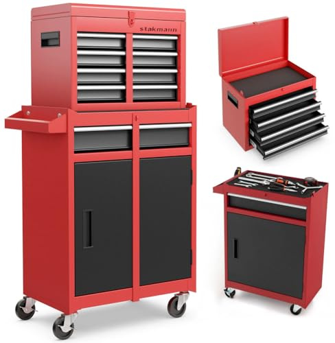 STAKMANN Carrello Portautensili 2in1 con 5 Cassetti e 1 Sportello, Carrellino in Acciaio per Attrezzi Multiuso, Armadietto Staccabile con Ruote, Ideale per Officine, Garage, Fai da Te 53 × 28 × 103,5