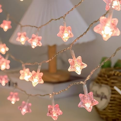 HHMTAKA Star Fairy Lights 5M 30LED Battery Powered String Lights Two Mode Decoration Lightning for Christmas Wedding Birthday Valentine Party Bedroom Indoor&Outdoor (Shining Pink Star)