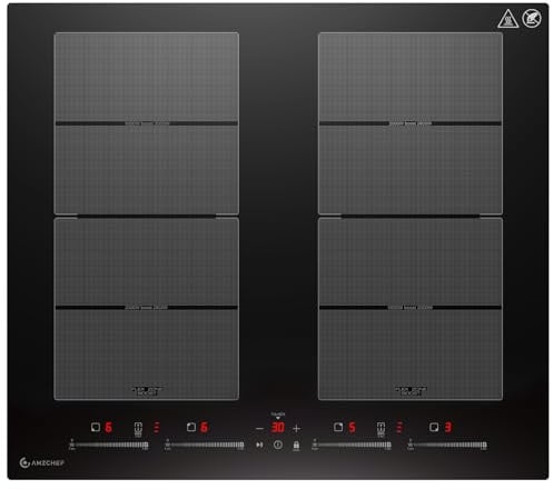 AMZCHEF Plaque Induction 4 Feux avec Deux Zones Flexibles, Plaque de Cuisson Induction 4 Zones avec Fonctionnement Silencieux (42dB), 9 Niveaux et Booster, Barbecue, Pause et Maintien au Chaud, 7400W
