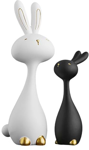 2 STK Osterhasen-Statue, elegantes Set aus weißen und schwarzen Hasen-Figuren, kleine Indoor-Frühlings-Hasen-Statue für Oster-Heimtischdekor, Partyzubehör Geschenke für Kinder