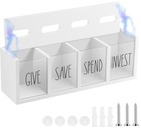 Spardose aus Holz,4 Fächer Geldbox zum Geben,Sparen,Ausgeben und Investieren,Wandmontage Spardose mit Transparente Acrylplatte,für Kinder Und Erwachsene(weiß)