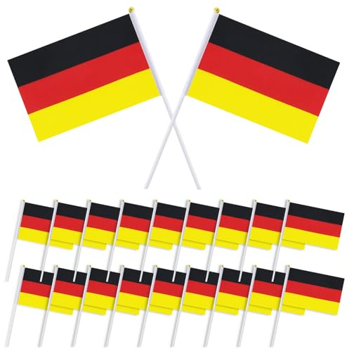 20 Stück Klein Deutschland Flagge 14x21 cm mit Stab, Wetterfeste Polyester Fähnchen für Partys, Sportevents, Feiern, Fußball Eurovision Haus Garten Bar