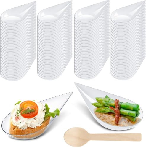 LATERN 100 Piezas Aperitivo Platos de Plástico con Cucharas de Madera, 5CM Platos de Degustación de Postres en Forma de Lágrima Tazones Transparentes para Aperitivo de Parfait Platos Reutilizables