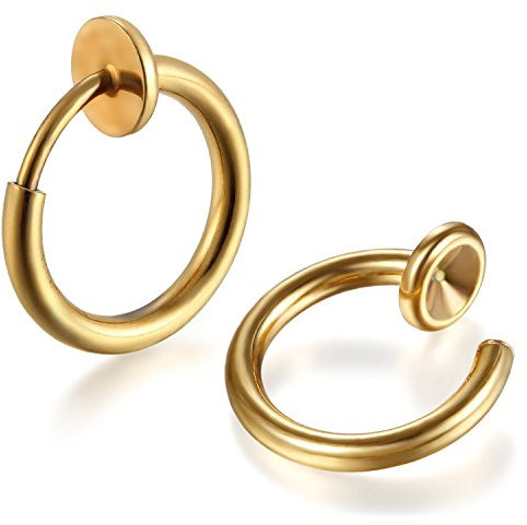 JewelryWe Schmuck Edelstahl Ohrclips Piercing Clip auf Fake Hoops Nasenpiercing Lippenpiercing Ohrringe Ohrstecker Ohr Haken für Damen Herren 8mm Gold