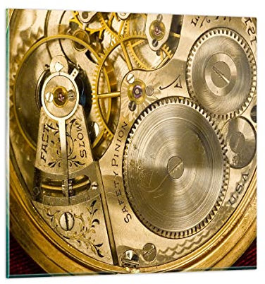 Wandbilder Dekoration Wohnzimmer Uhr Uhr Mechanismus Messing Bilder auf Glas 50x50cm Glasbild Schlafzimmer Küche Deko Wand Kunstdruck Art Klein Wanddeko Bild im Glas Modern Wall Decor GAC50x50-1519