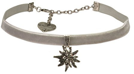 Alpenflüstern Trachten-Samt-Kropfband Strass-Edelweiß klein - Trachtenkette enganliegend, Kropfkette elastisch, Damen-Trachtenschmuck, Samtkropfband schmal grau DHK099